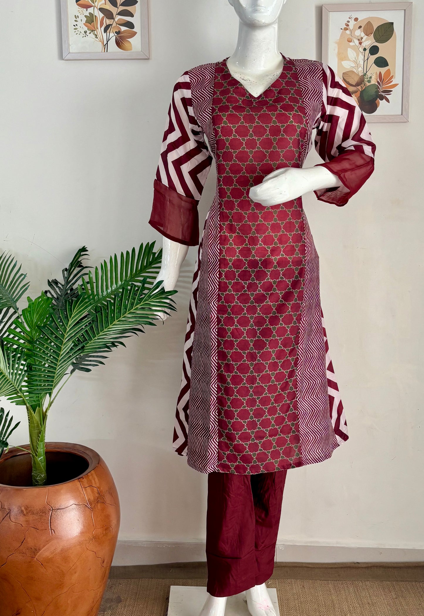 Mehroon Pure Silk A-Line Kurta Set