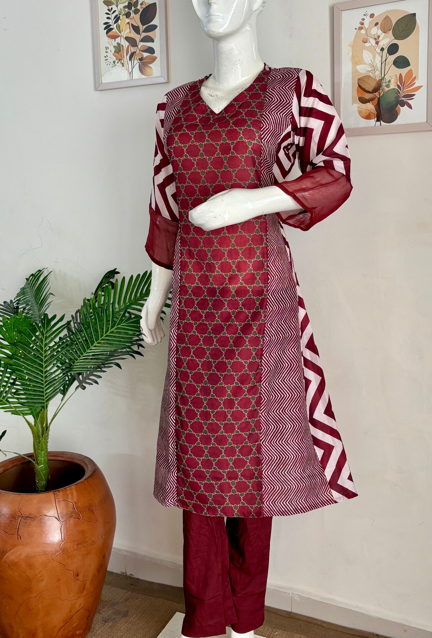 Mehroon Pure Silk A-Line Kurta Set