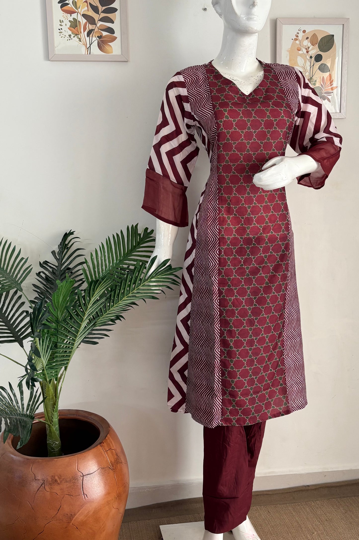 Mehroon Pure Silk A-Line Kurta Set