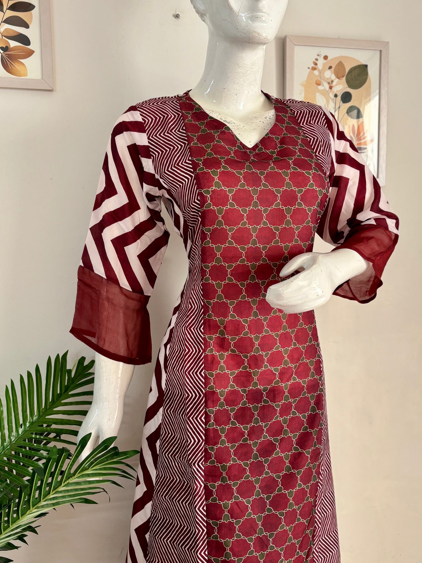 Mehroon Pure Silk A-Line Kurta Set