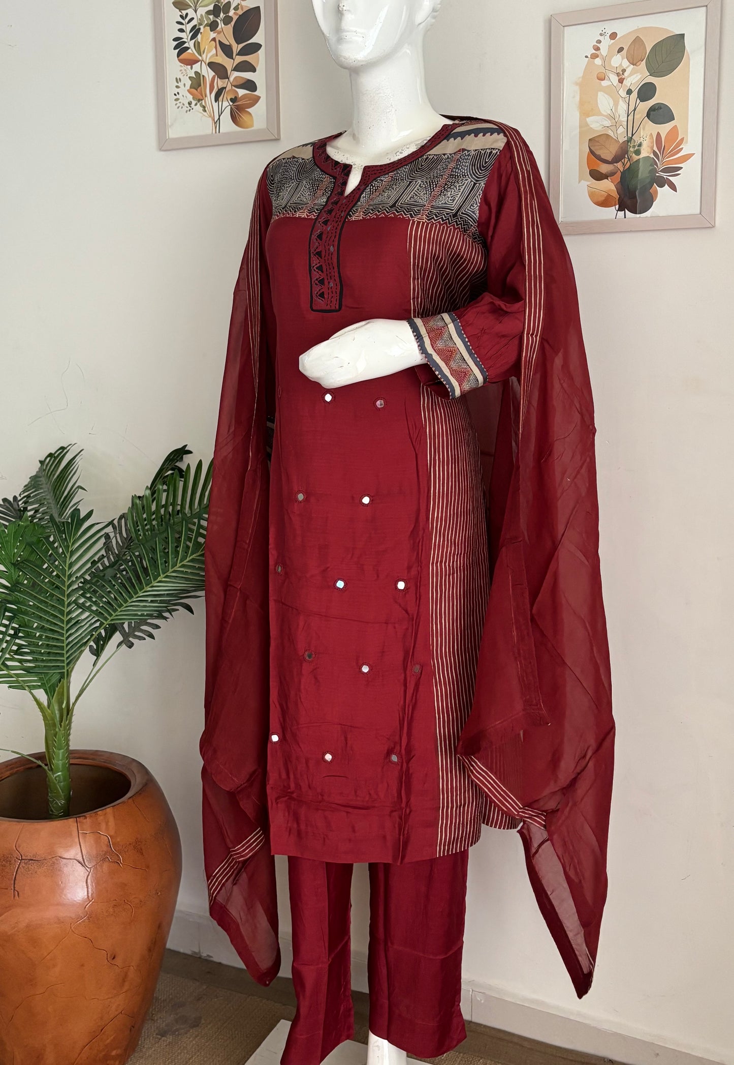 Pure Silk Mehroon Kurta Set A-line Fit
