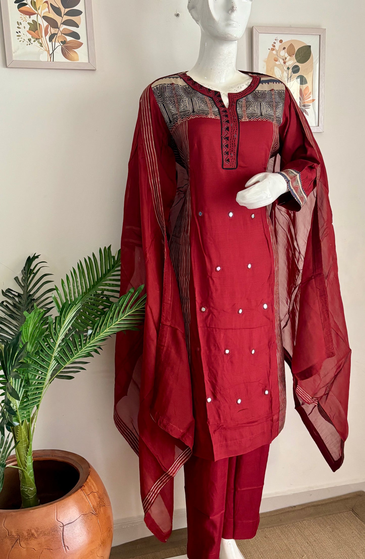 Pure Silk Mehroon Kurta Set A-line Fit