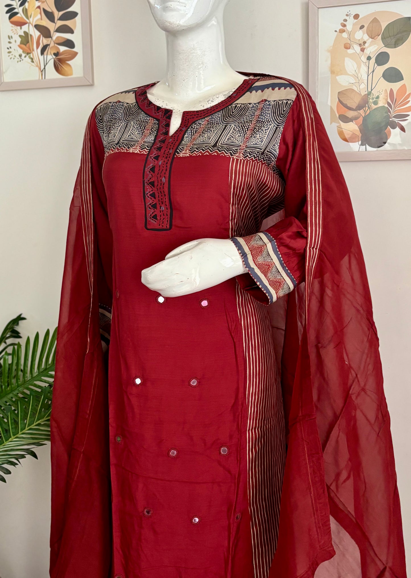 Pure Silk Mehroon Kurta Set A-line Fit