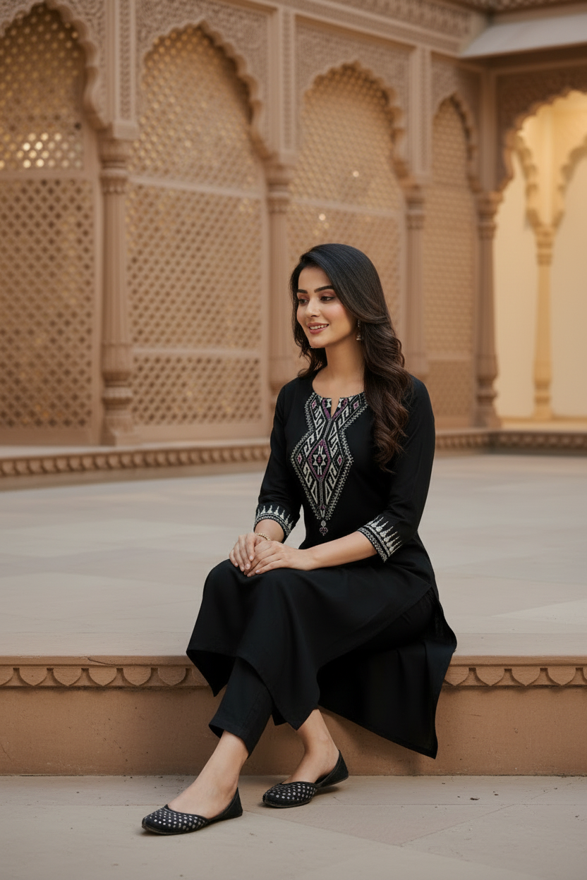 Black Cotton Kurta with Handblock