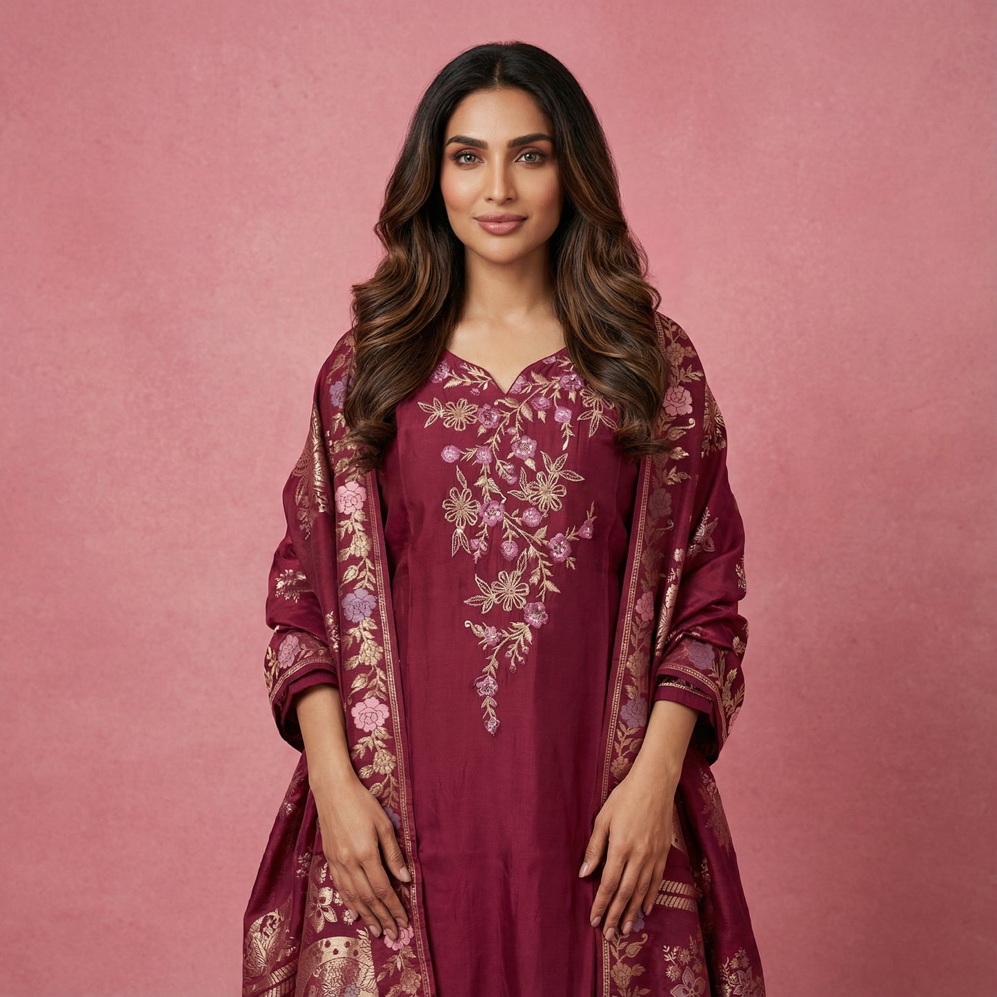 Embroidered Viscose Silk Suit Set