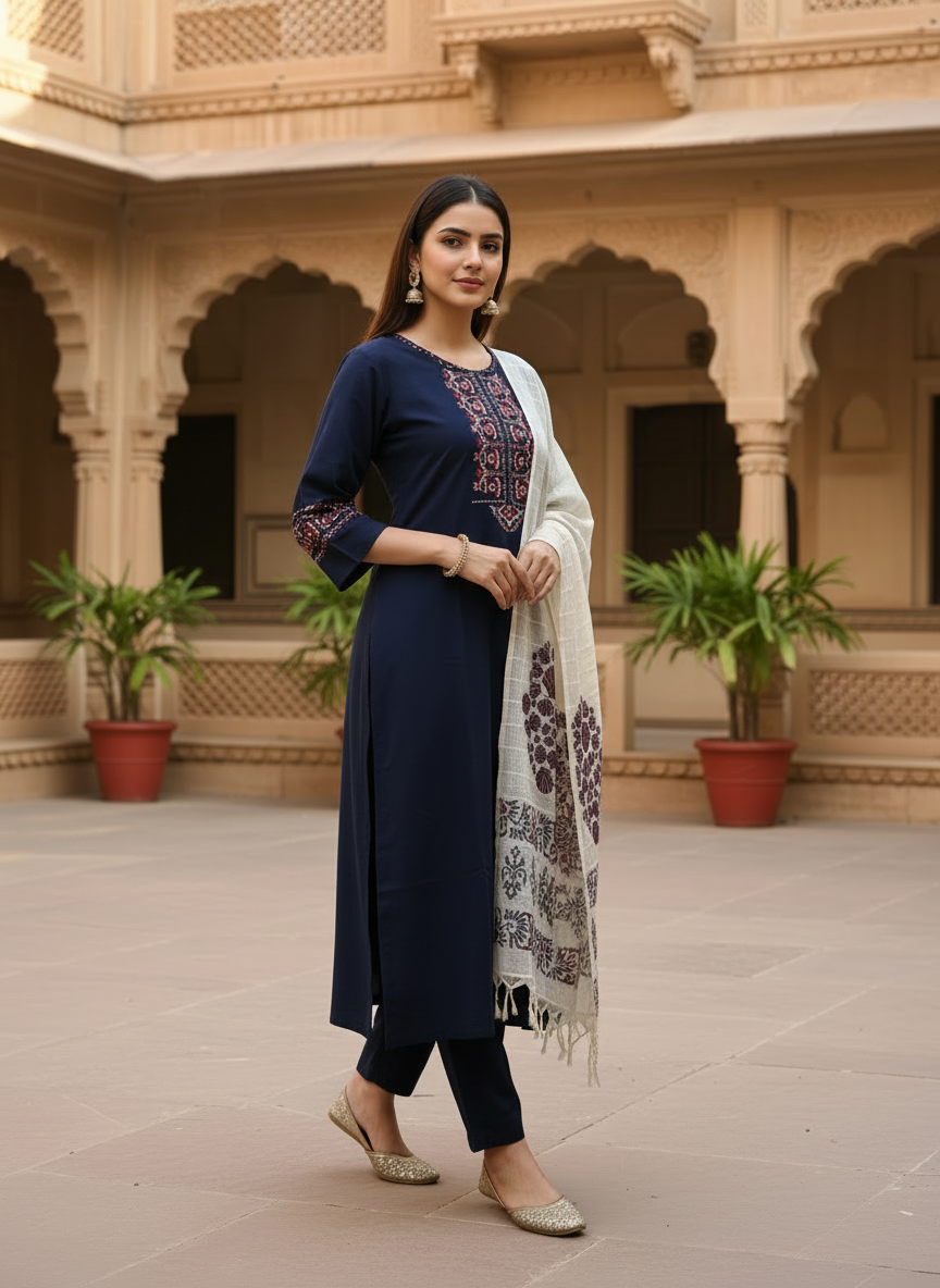 Handloom Cotton Navy Blue Kurta Set