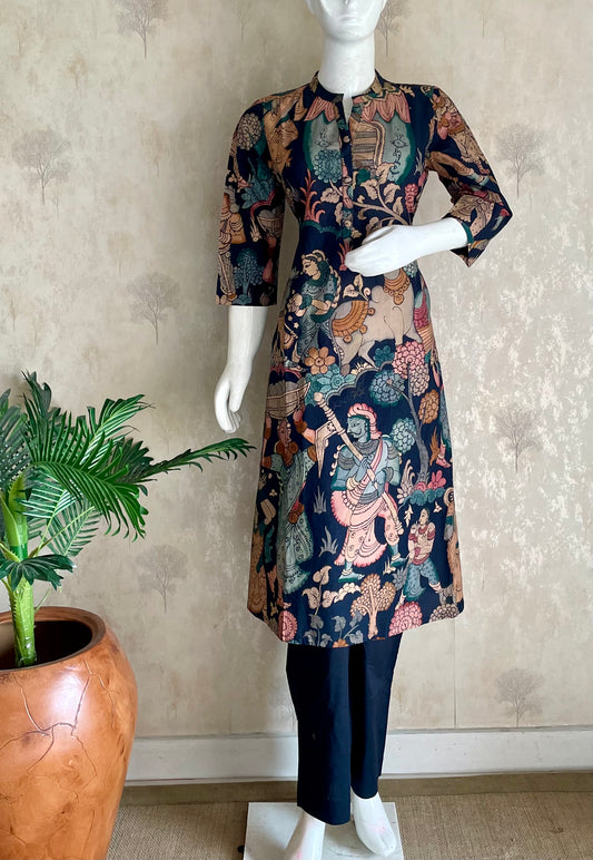 RaasRa black kalamkari block print pure cotton kurta set with pants