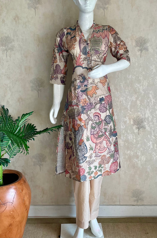 RaasRa off-white Kalamkari cotton A-line kurta set with plain pants