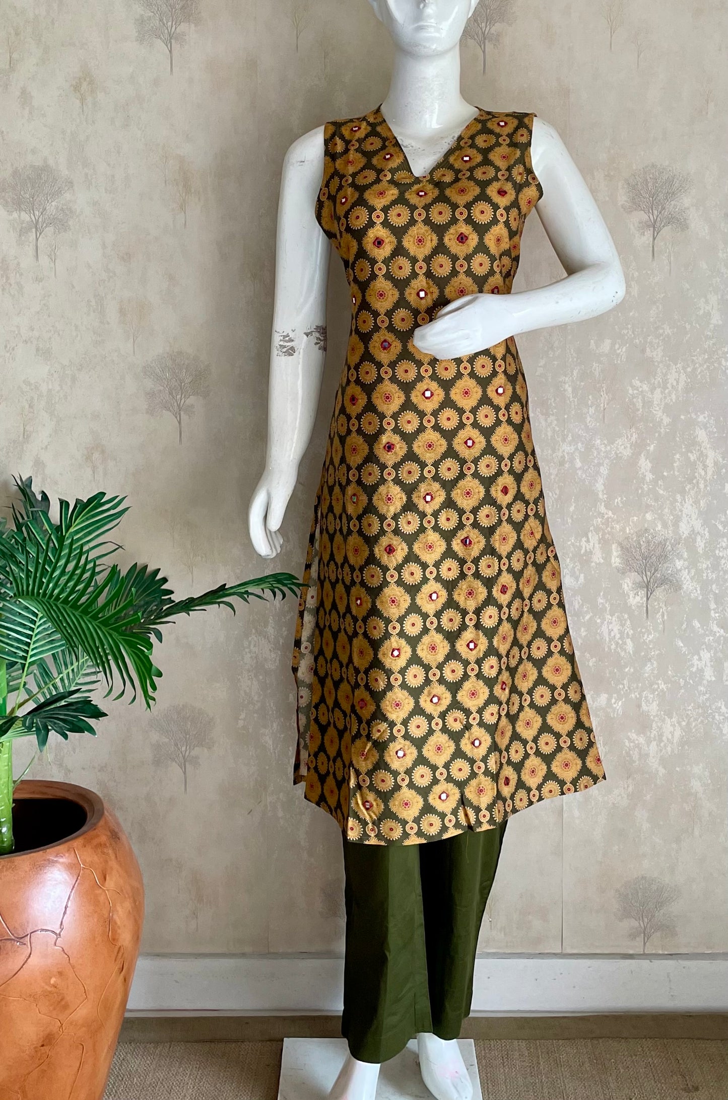 RaasRa green Ajrakh cotton straight kurta set with olive pants