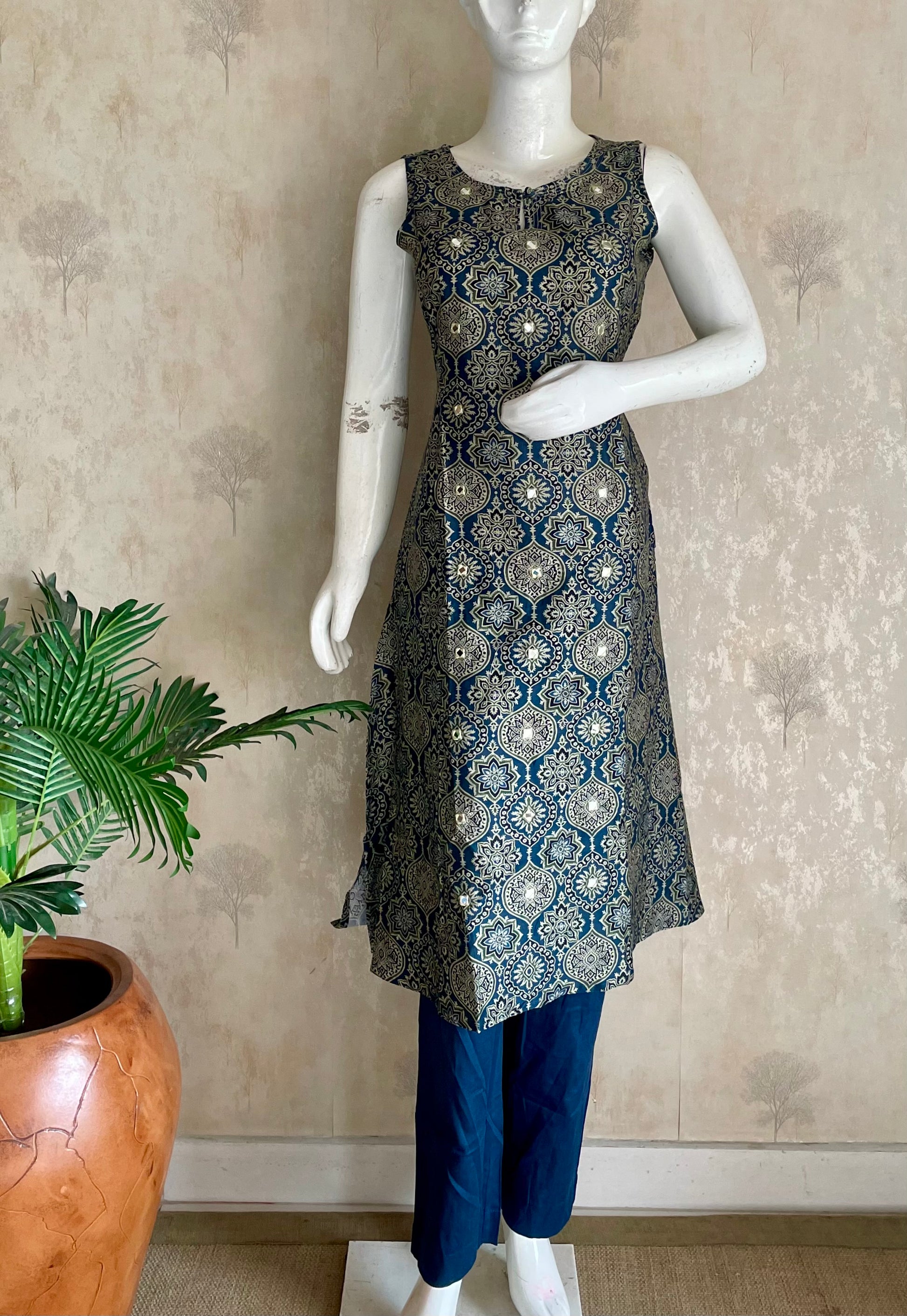 RaasRa blue Ajrakh cotton silk kurta set with mirror work and pants