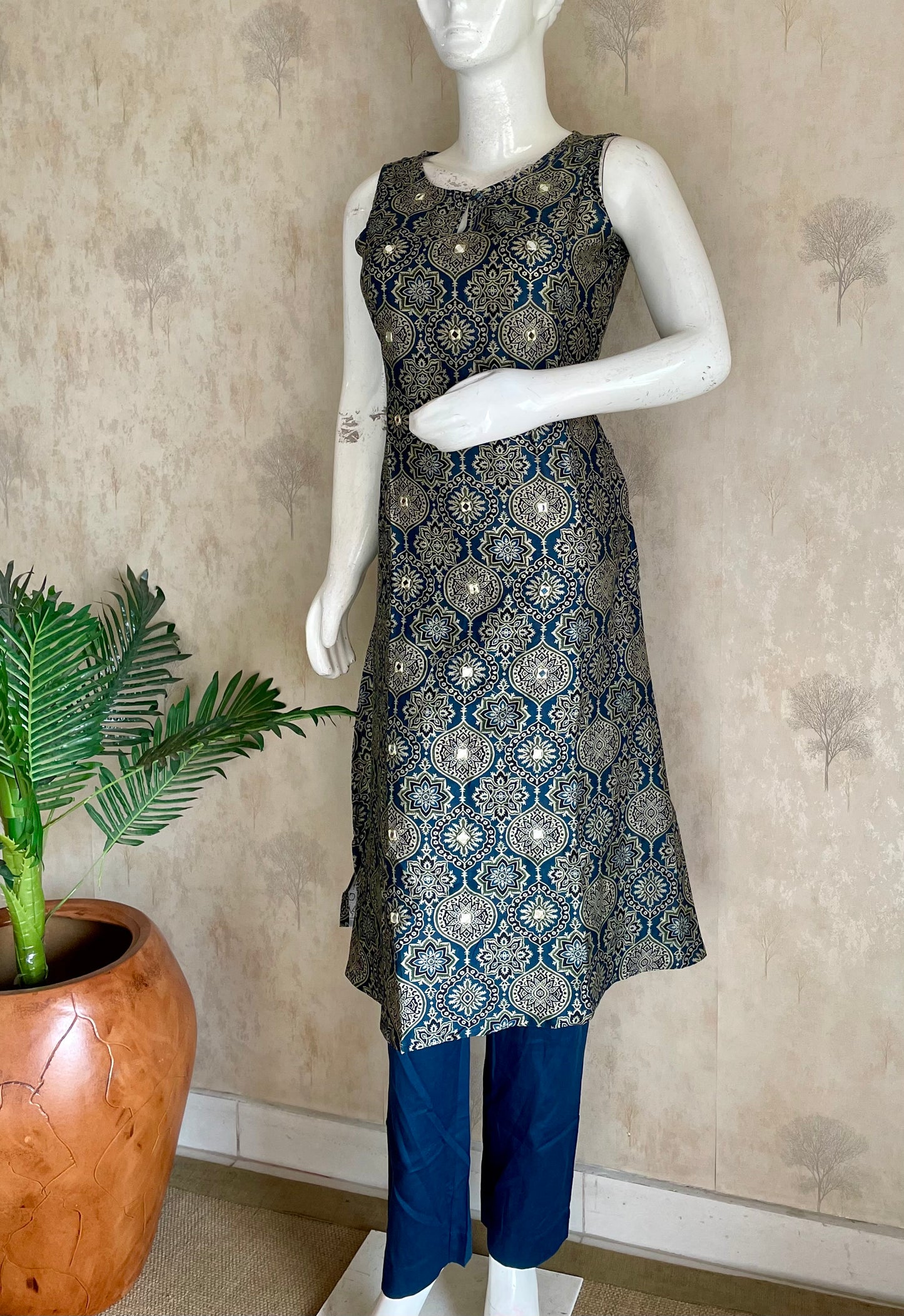 RaasRa Midnight Geometry — Blue Ajrakh Cotton Silk Kurta with Mirror Work — view 2