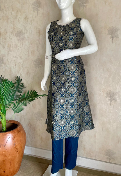 RaasRa Midnight Geometry — Blue Ajrakh Cotton Silk Kurta with Mirror Work — view 2