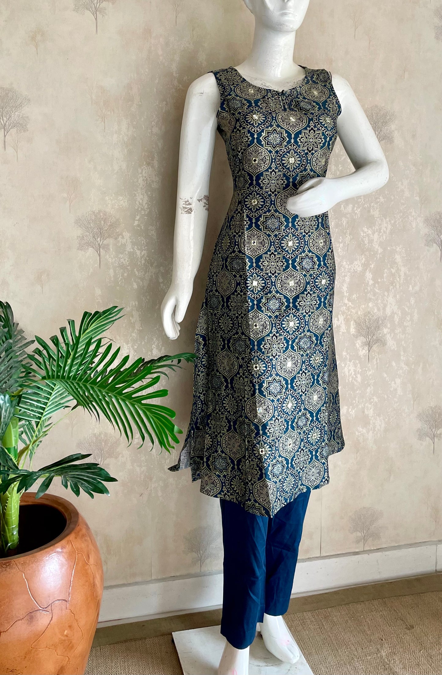 RaasRa Midnight Geometry — Blue Ajrakh Cotton Silk Kurta with Mirror Work — view 3