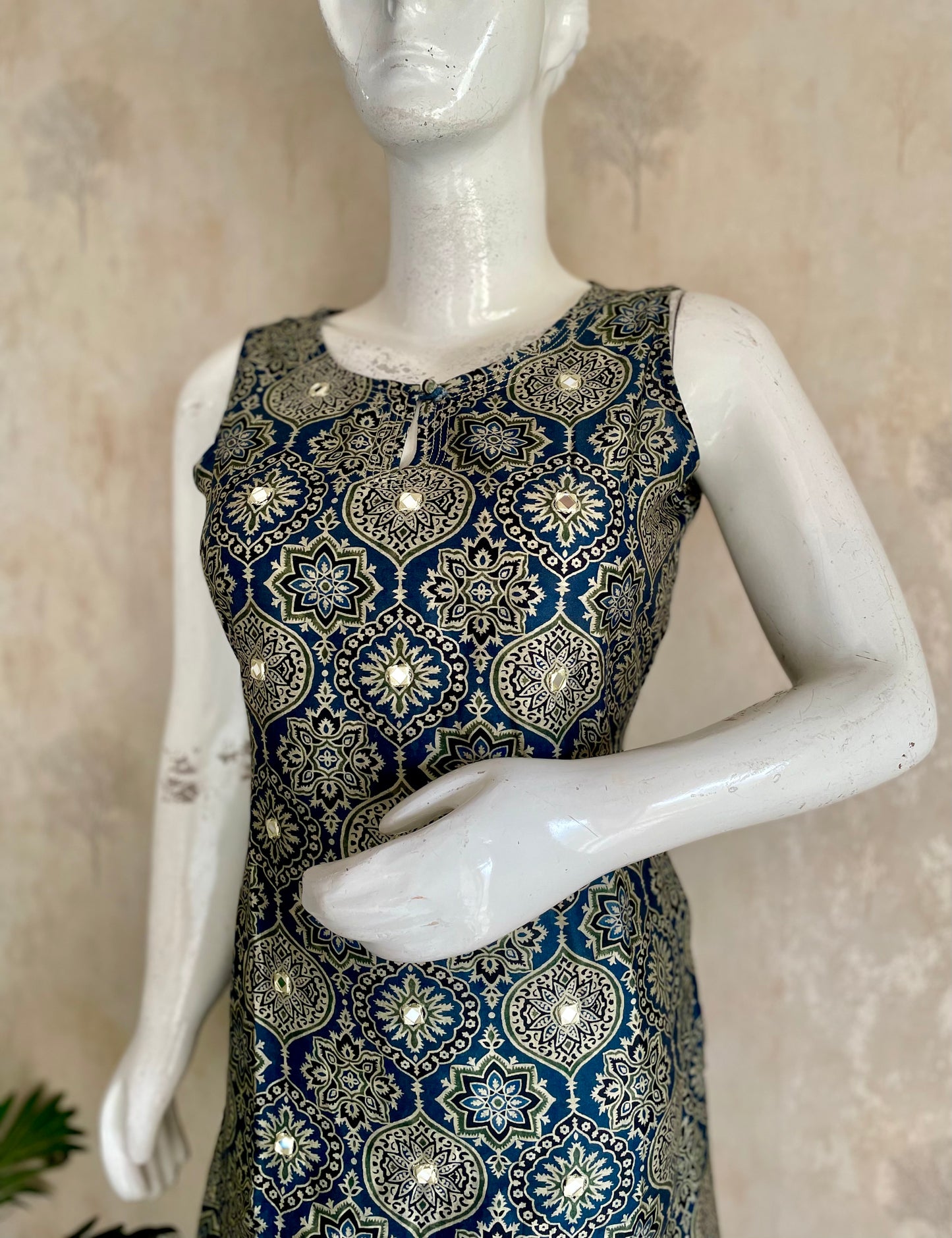 RaasRa Midnight Geometry — Blue Ajrakh Cotton Silk Kurta with Mirror Work — view 4