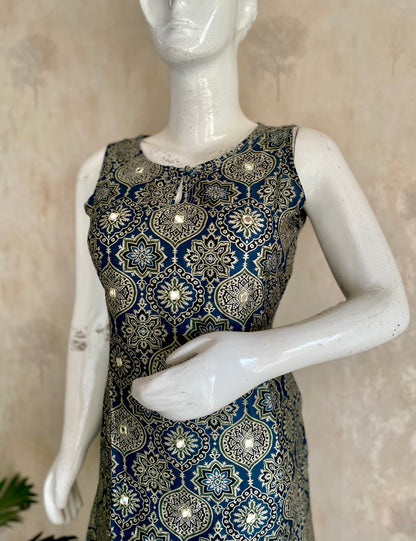 RaasRa Midnight Geometry — Blue Ajrakh Cotton Silk Kurta with Mirror Work — view 4