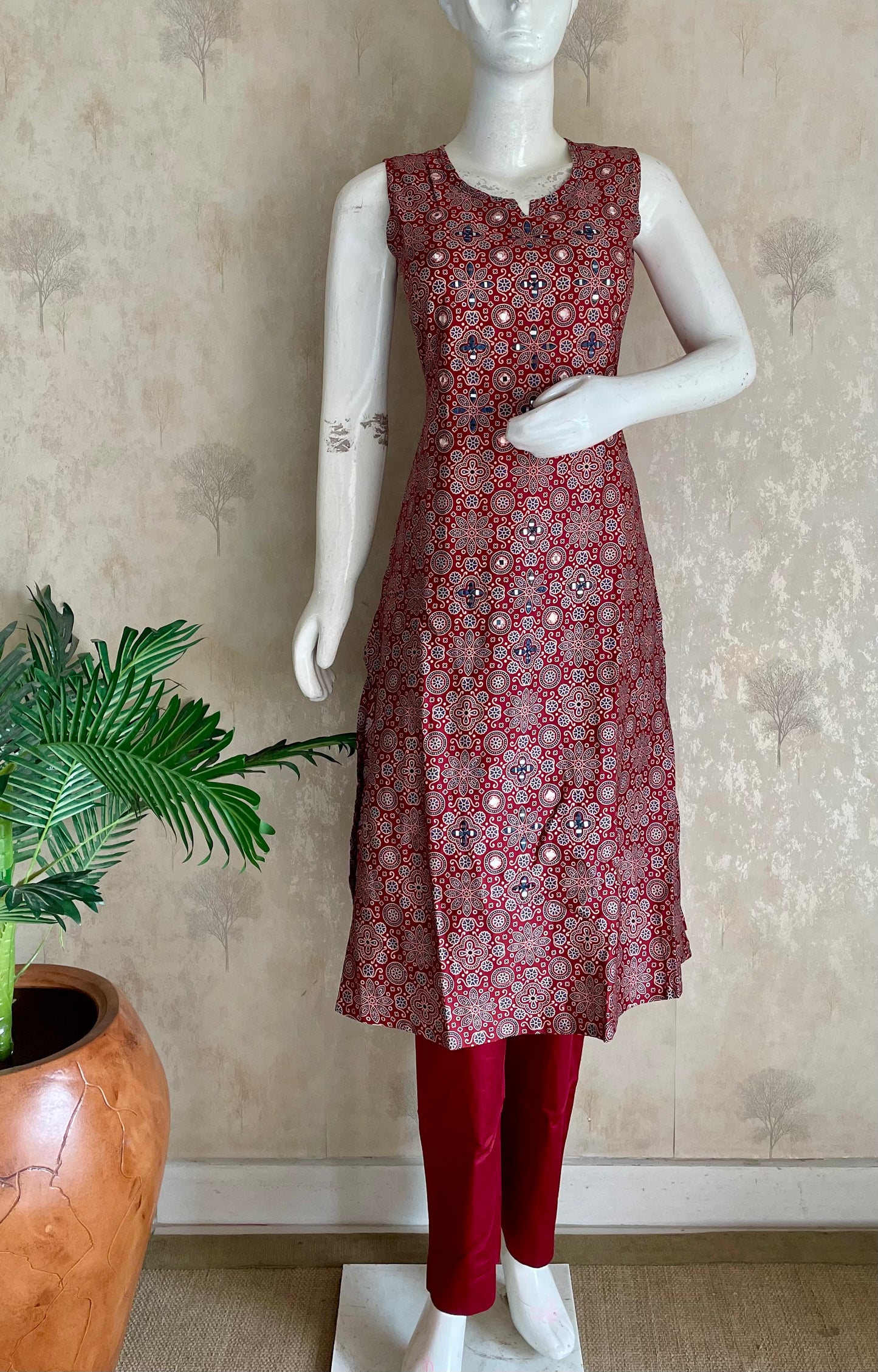 RaasRa mehroon Ajrakh mirror work cotton silk kurta set with pants