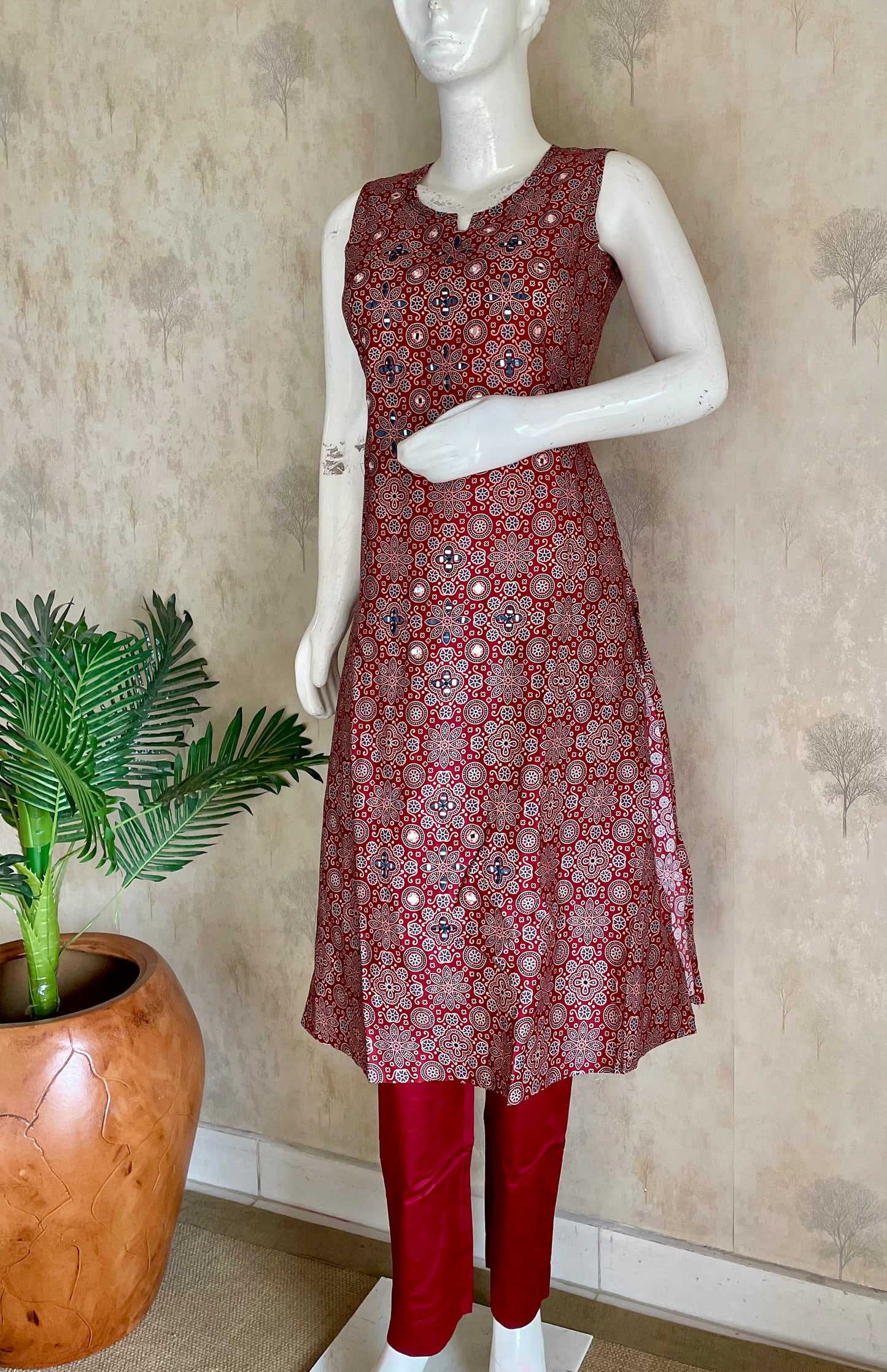 RaasRa Draped in Heritage — Mehroon Ajrakh Mirror Work Cotton Silk Kurta Set — view 2