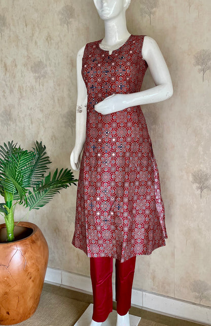 RaasRa Draped in Heritage — Mehroon Ajrakh Mirror Work Cotton Silk Kurta Set — view 2