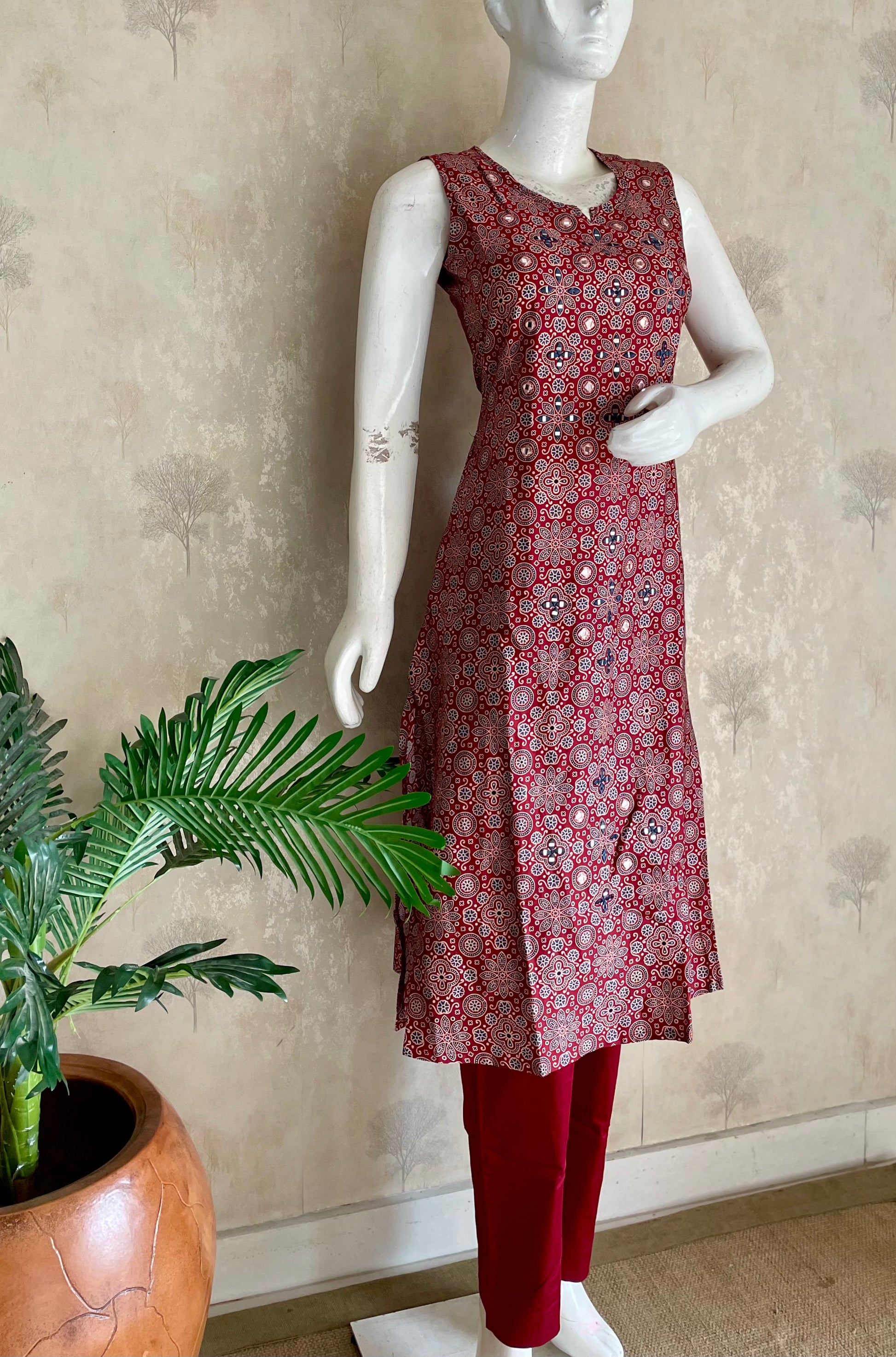 RaasRa Draped in Heritage — Mehroon Ajrakh Mirror Work Cotton Silk Kurta Set — view 3