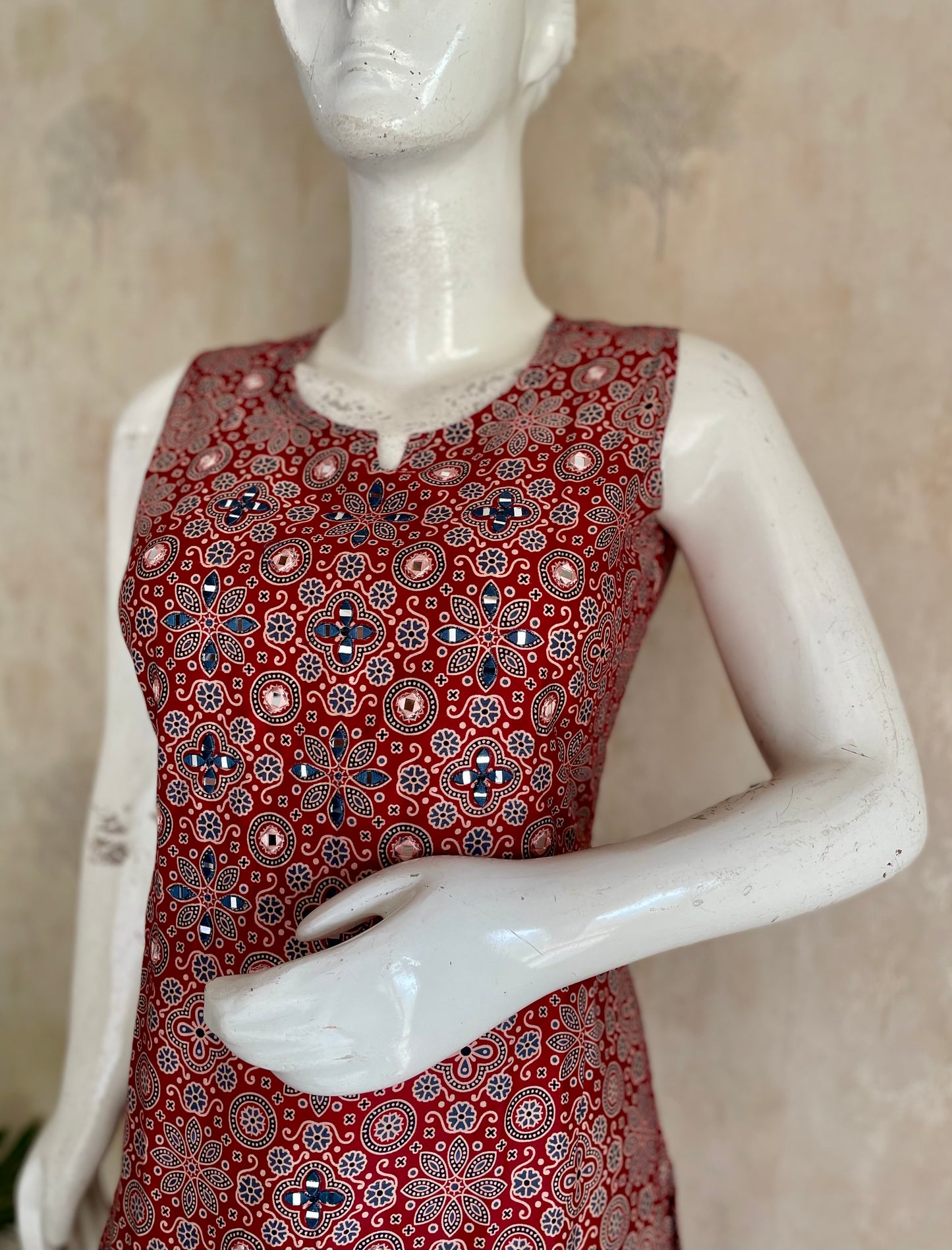 RaasRa Draped in Heritage — Mehroon Ajrakh Mirror Work Cotton Silk Kurta Set — view 4