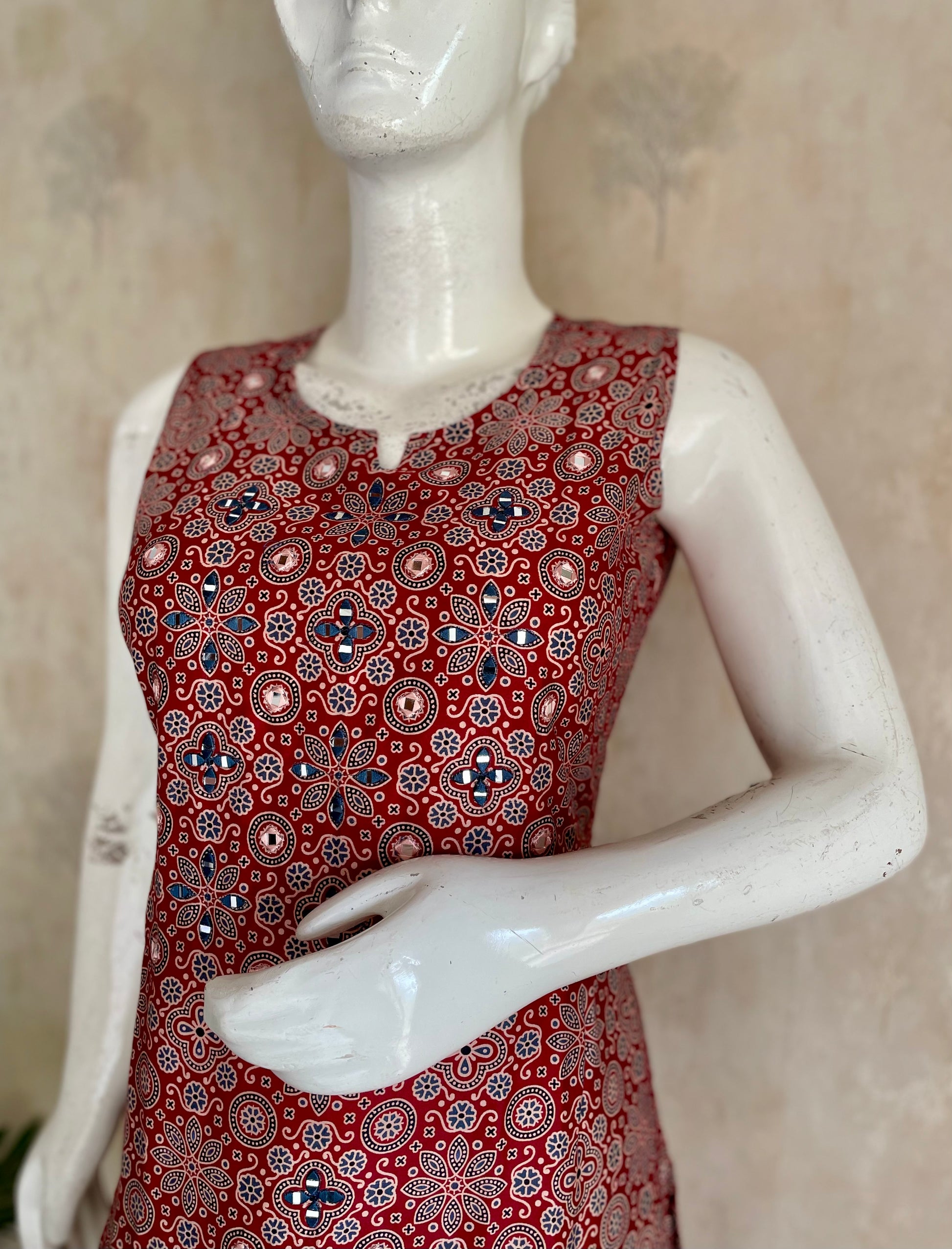 RaasRa Draped in Heritage — Mehroon Ajrakh Mirror Work Cotton Silk Kurta Set — view 4