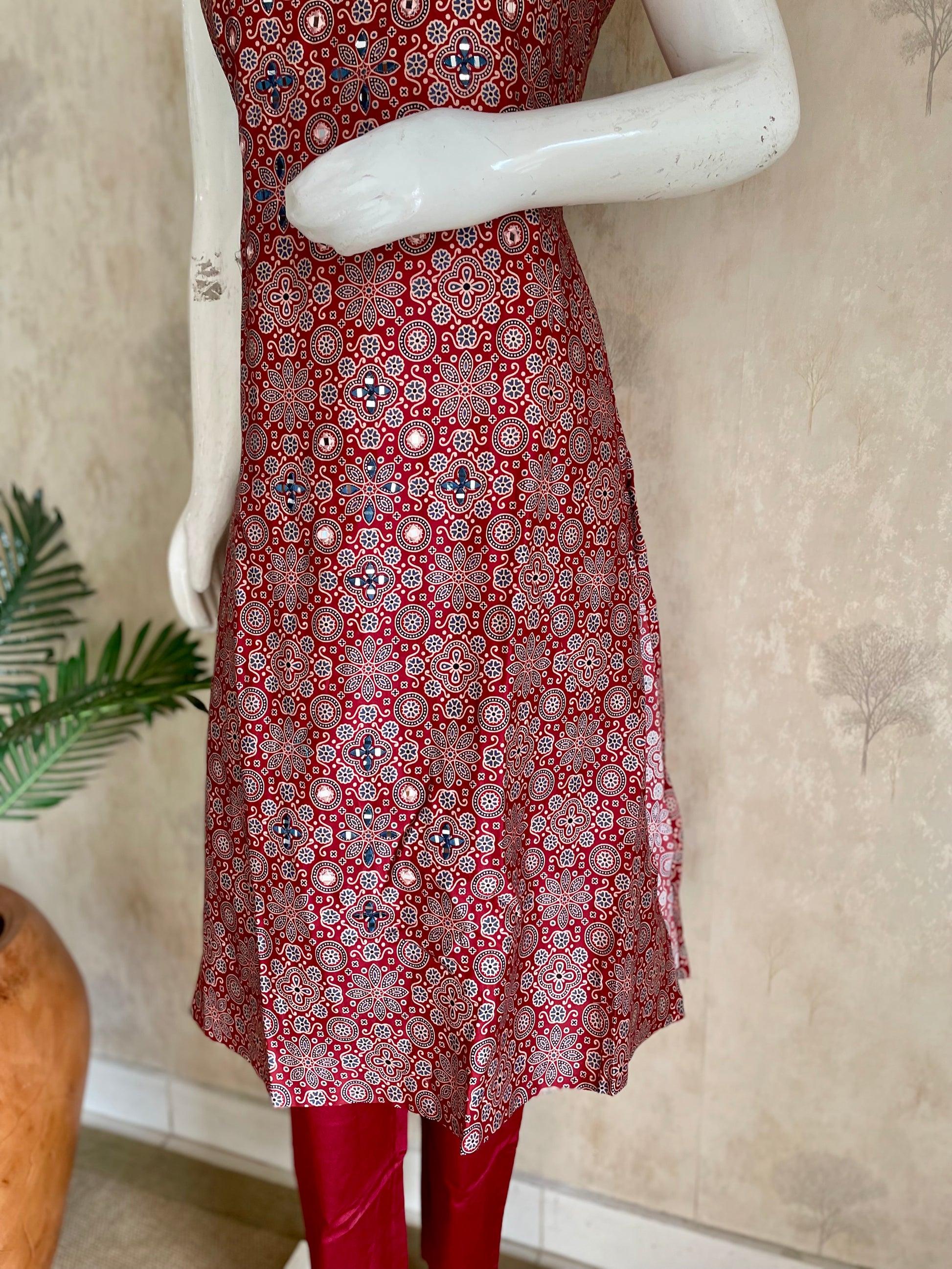 RaasRa Draped in Heritage — Mehroon Ajrakh Mirror Work Cotton Silk Kurta Set — view 5