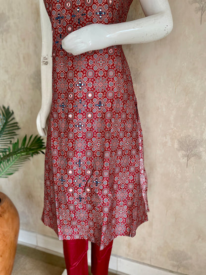 RaasRa Draped in Heritage — Mehroon Ajrakh Mirror Work Cotton Silk Kurta Set — view 5