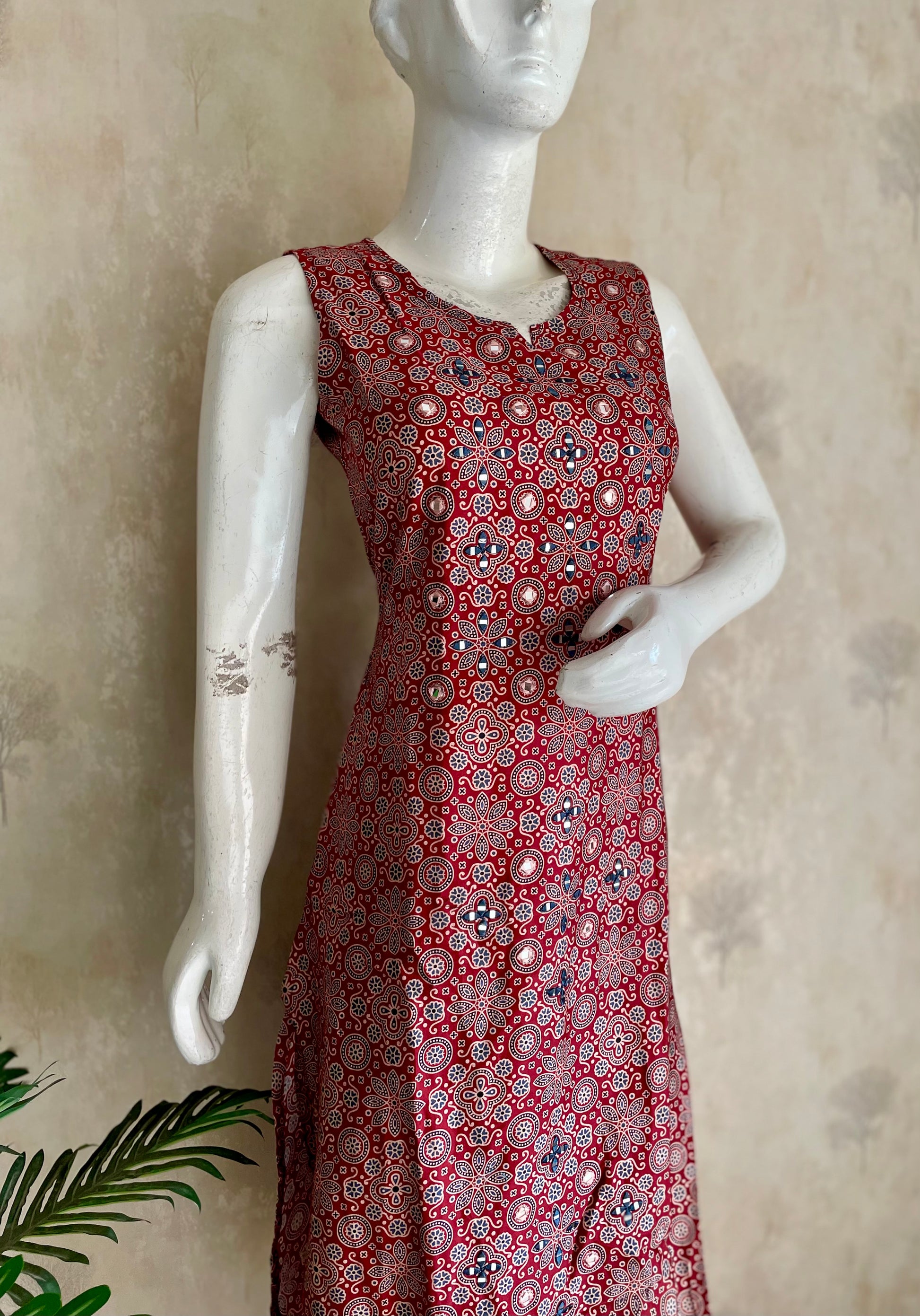 RaasRa Draped in Heritage — Mehroon Ajrakh Mirror Work Cotton Silk Kurta Set — view 6
