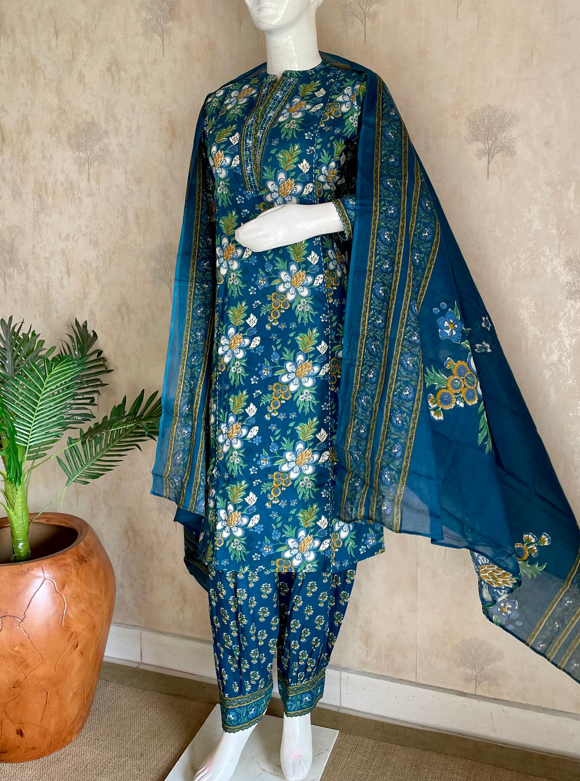RaasRa Blooms in the Deep — Blue Floral Print Cotton Kurta Set — view 3