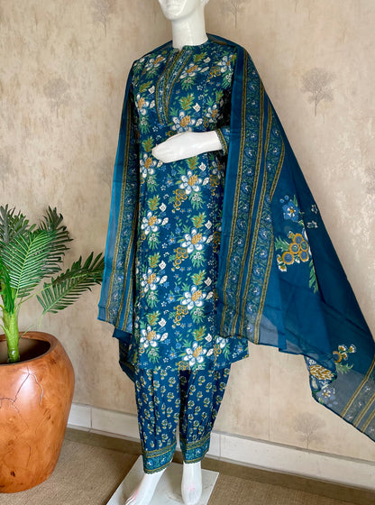 RaasRa Blooms in the Deep — Blue Floral Print Cotton Kurta Set — view 3