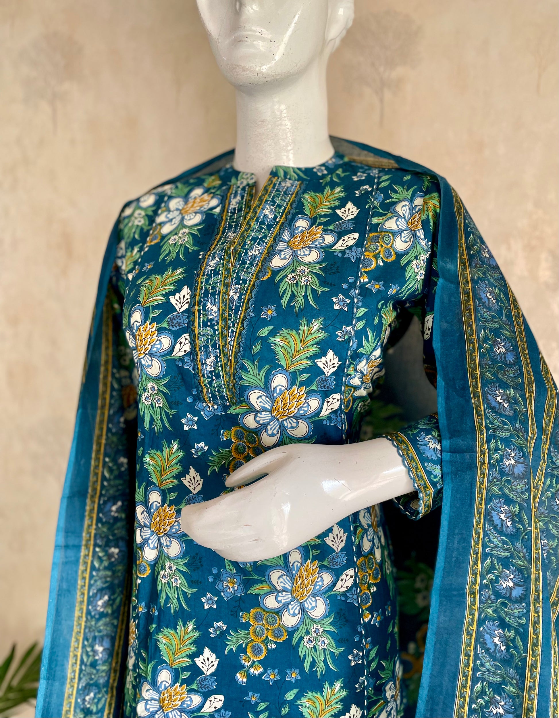 RaasRa Blooms in the Deep — Blue Floral Print Cotton Kurta Set — view 4
