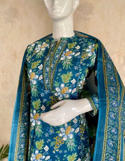 RaasRa Blooms in the Deep — Blue Floral Print Cotton Kurta Set — view 4
