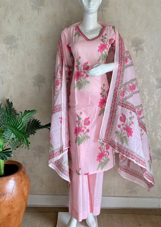 RaasRa pink floral print cotton kurta set with dupatta and pants