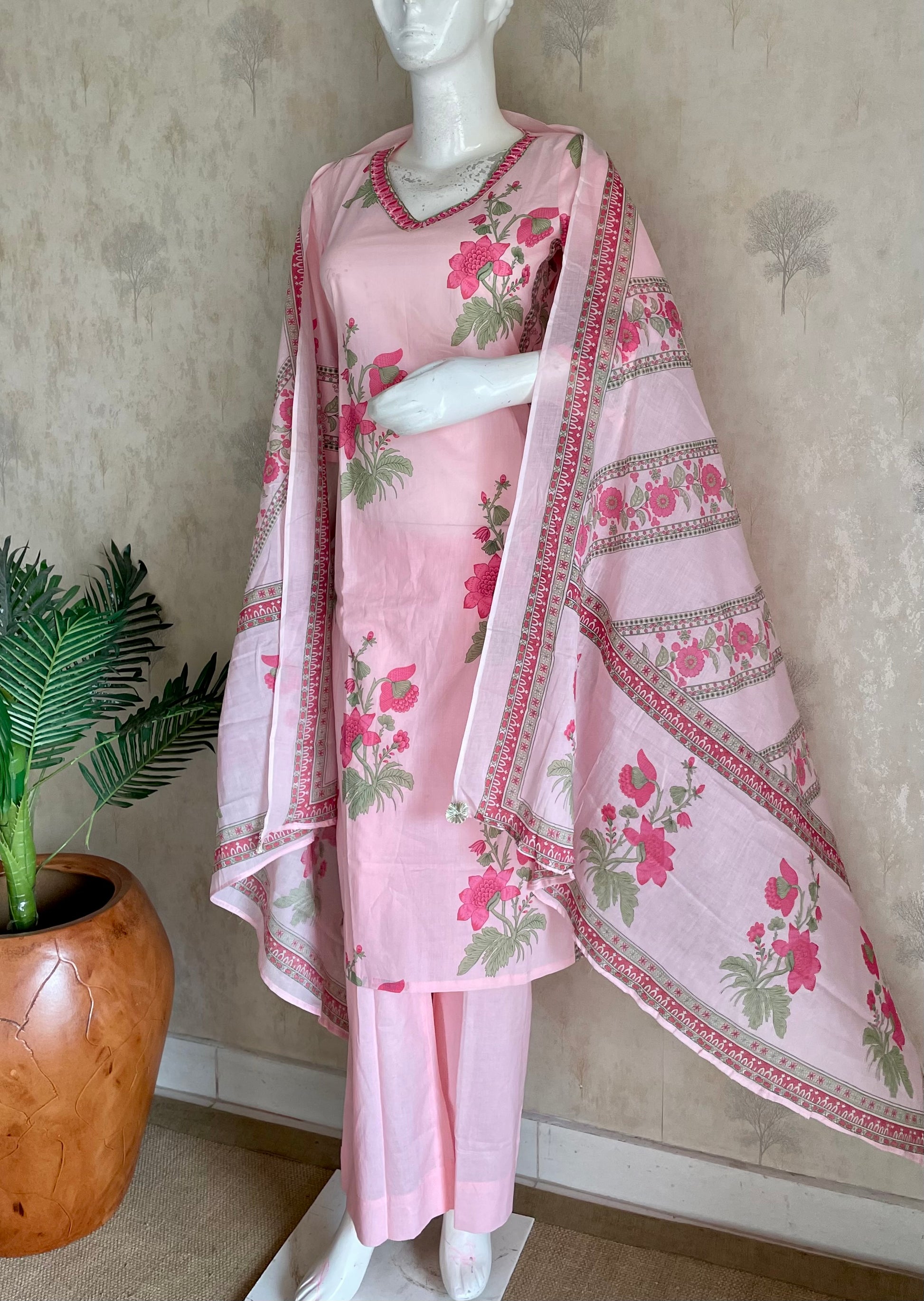 RaasRa In Full Bloom — Pink Floral Print Cotton Kurta Set with Dupatta — view 2