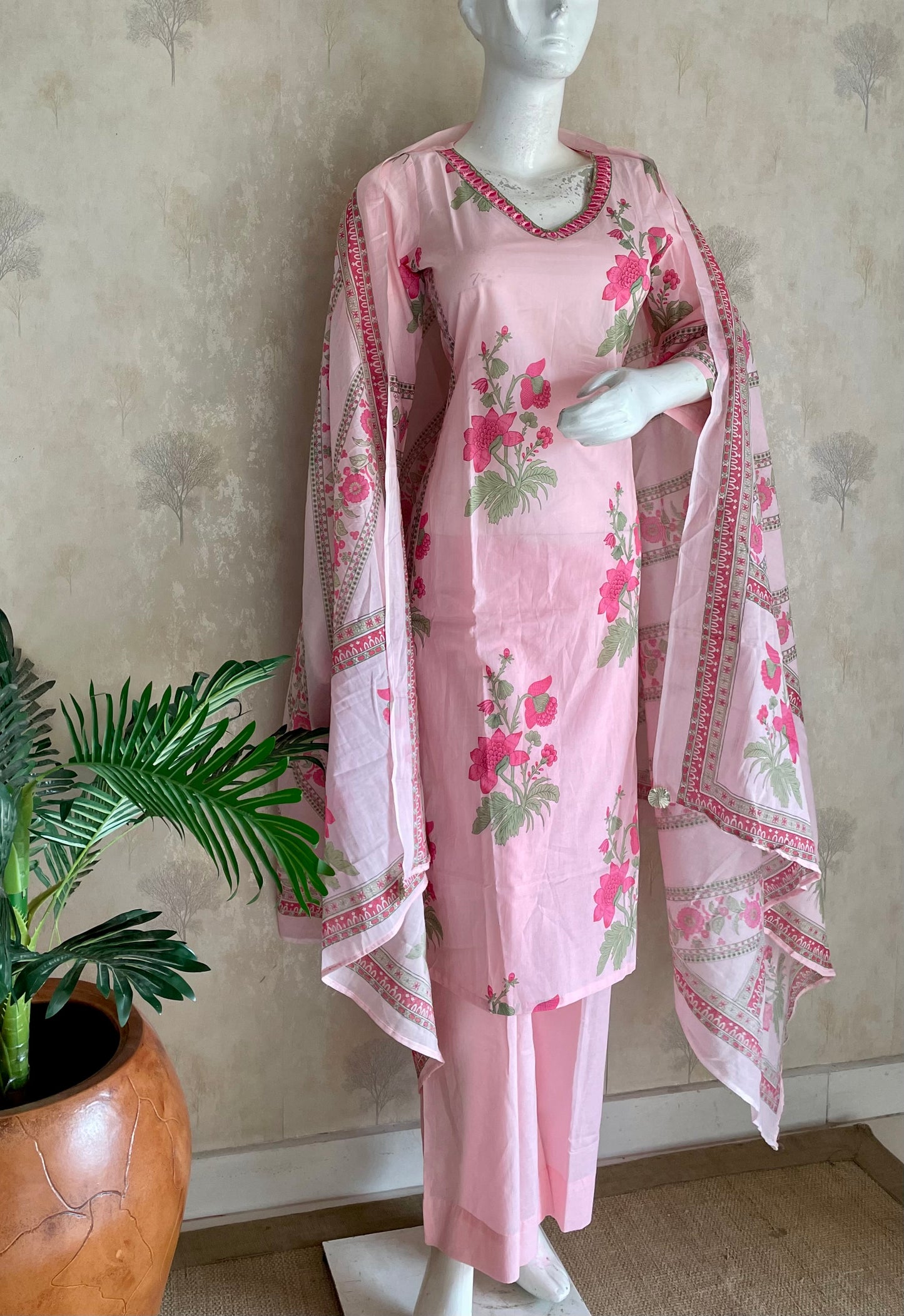 RaasRa In Full Bloom — Pink Floral Print Cotton Kurta Set with Dupatta — view 3