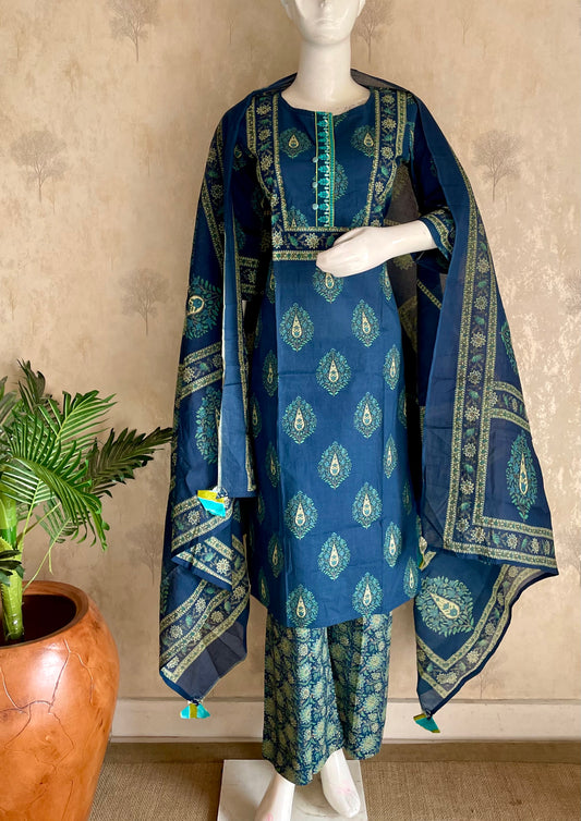 RaasRa blue printed cotton kurta set with palazzo and dupatta