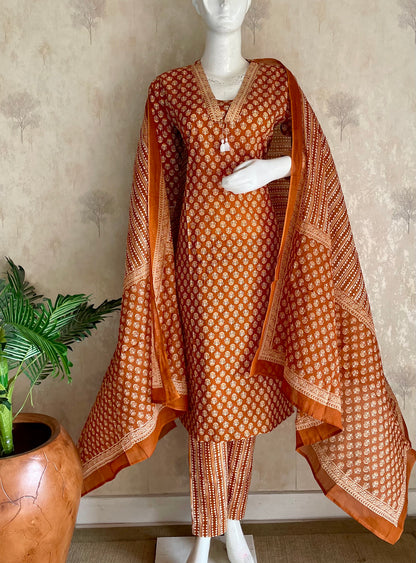 RaasRa copper brown block print cotton kurta set with dupatta and pants