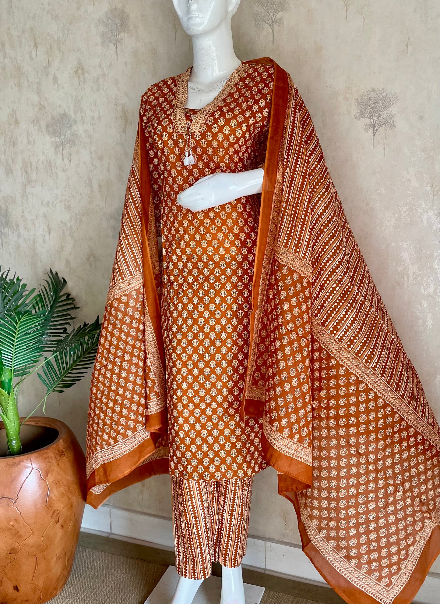 RaasRa Warmth in Every Weave — Copper Brown Handblock Print Cotton Kurta Set — view 2