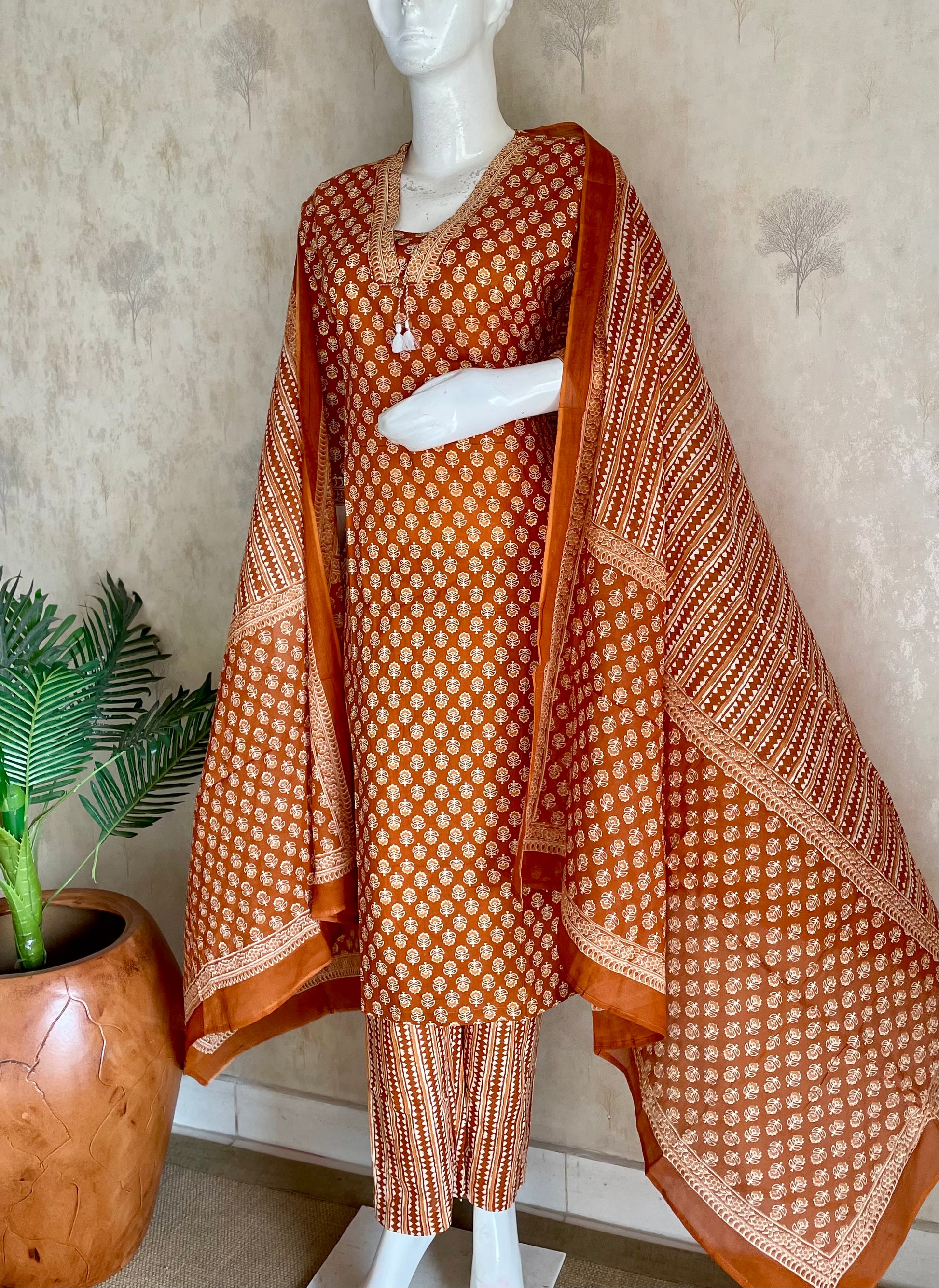 RaasRa Warmth in Every Weave — Copper Brown Handblock Print Cotton Kurta Set — view 2