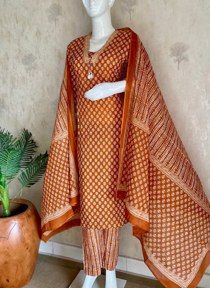 RaasRa Warmth in Every Weave — Copper Brown Handblock Print Cotton Kurta Set — view 2