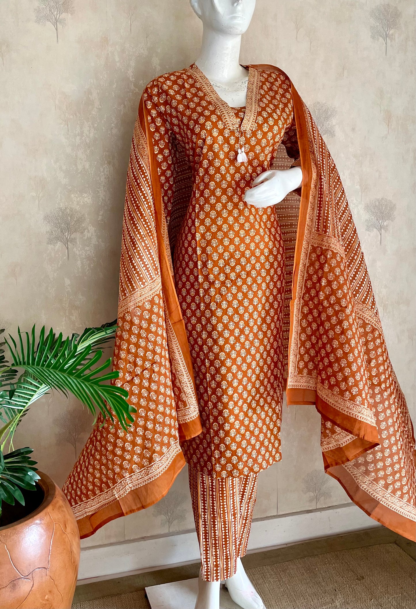 RaasRa Warmth in Every Weave — Copper Brown Handblock Print Cotton Kurta Set — view 3