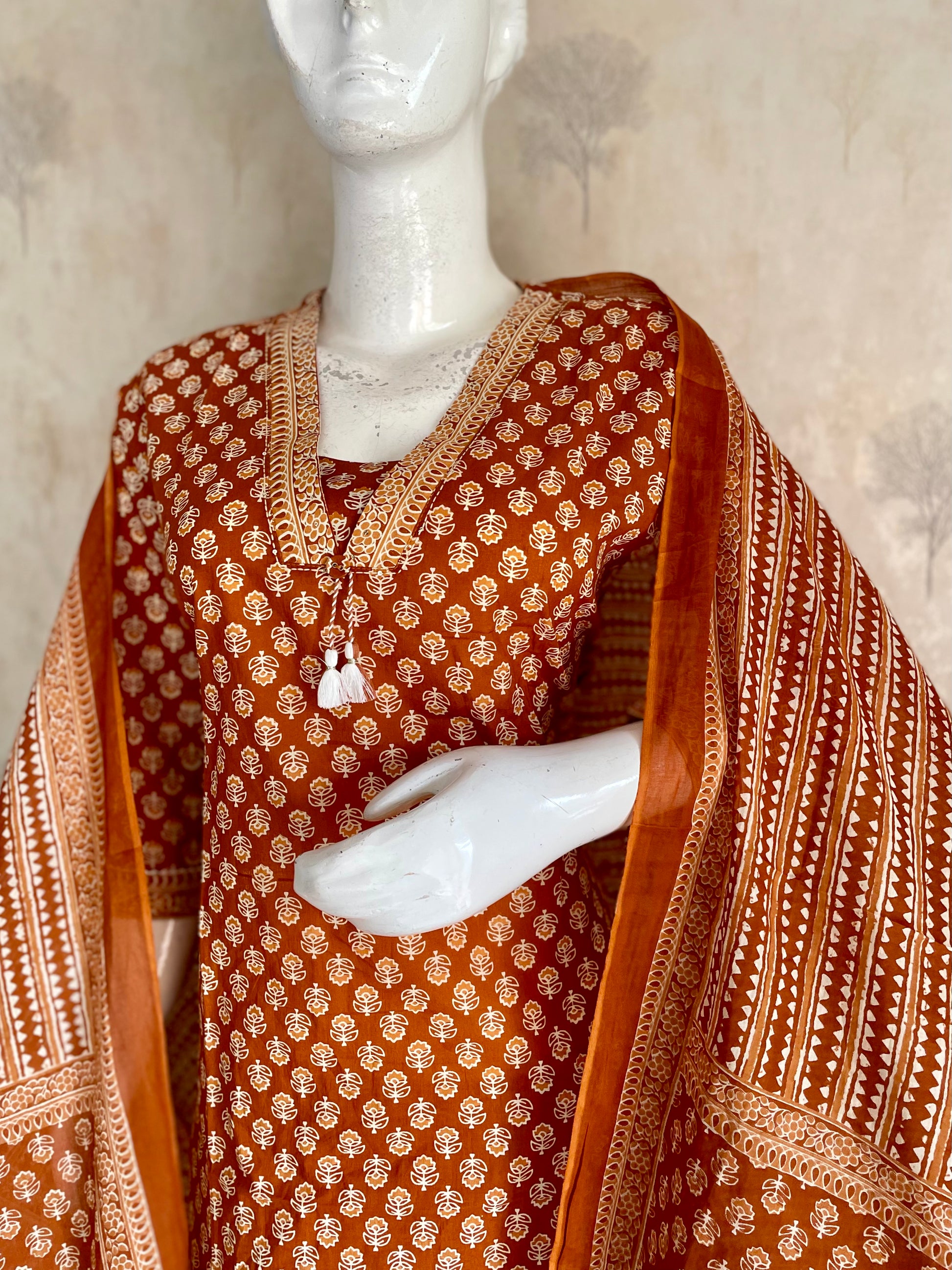 RaasRa Warmth in Every Weave — Copper Brown Handblock Print Cotton Kurta Set — view 4