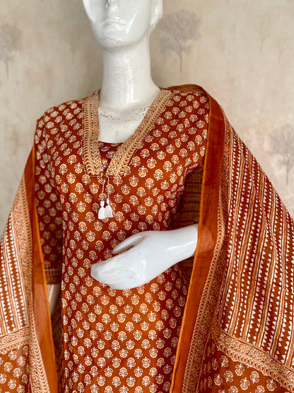 RaasRa Warmth in Every Weave — Copper Brown Handblock Print Cotton Kurta Set — view 4