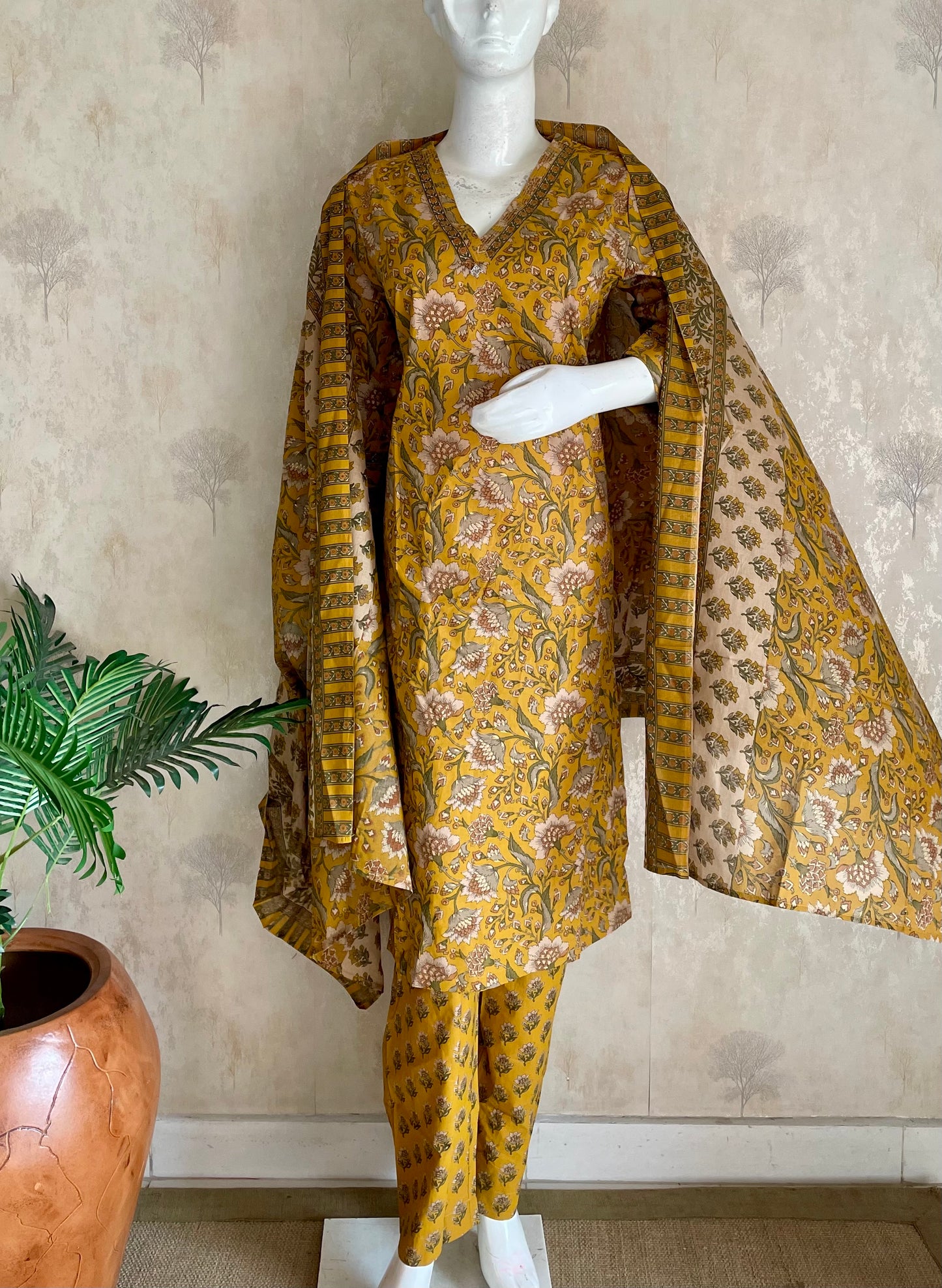 RaasRa mustard floral block print cotton kurta set with dupatta and pants