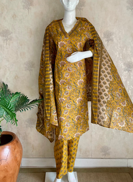 RaasRa mustard floral block print cotton kurta set with dupatta and pants