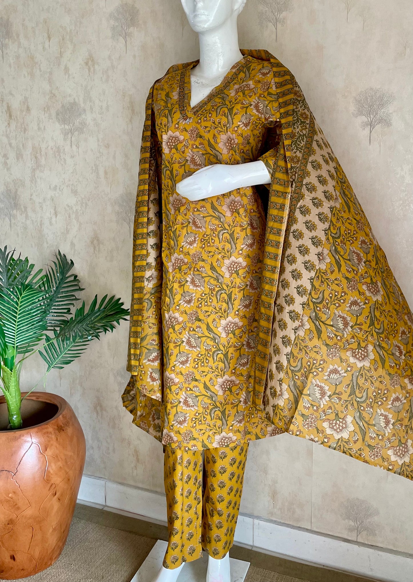 RaasRa Mustard in Full Bloom — Handblock Floral Cotton Kurta Set — view 2