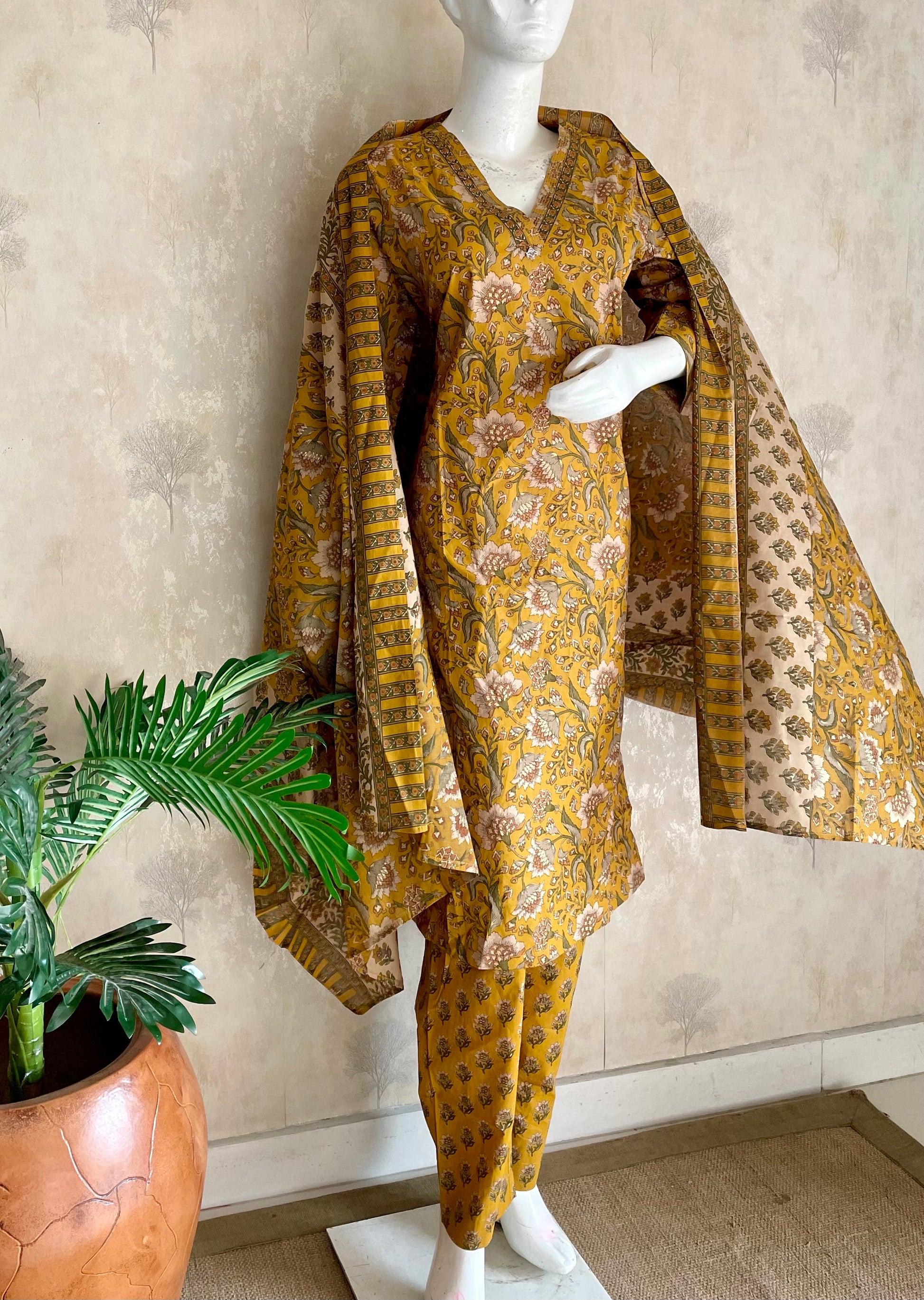 RaasRa Mustard in Full Bloom — Handblock Floral Cotton Kurta Set — view 3