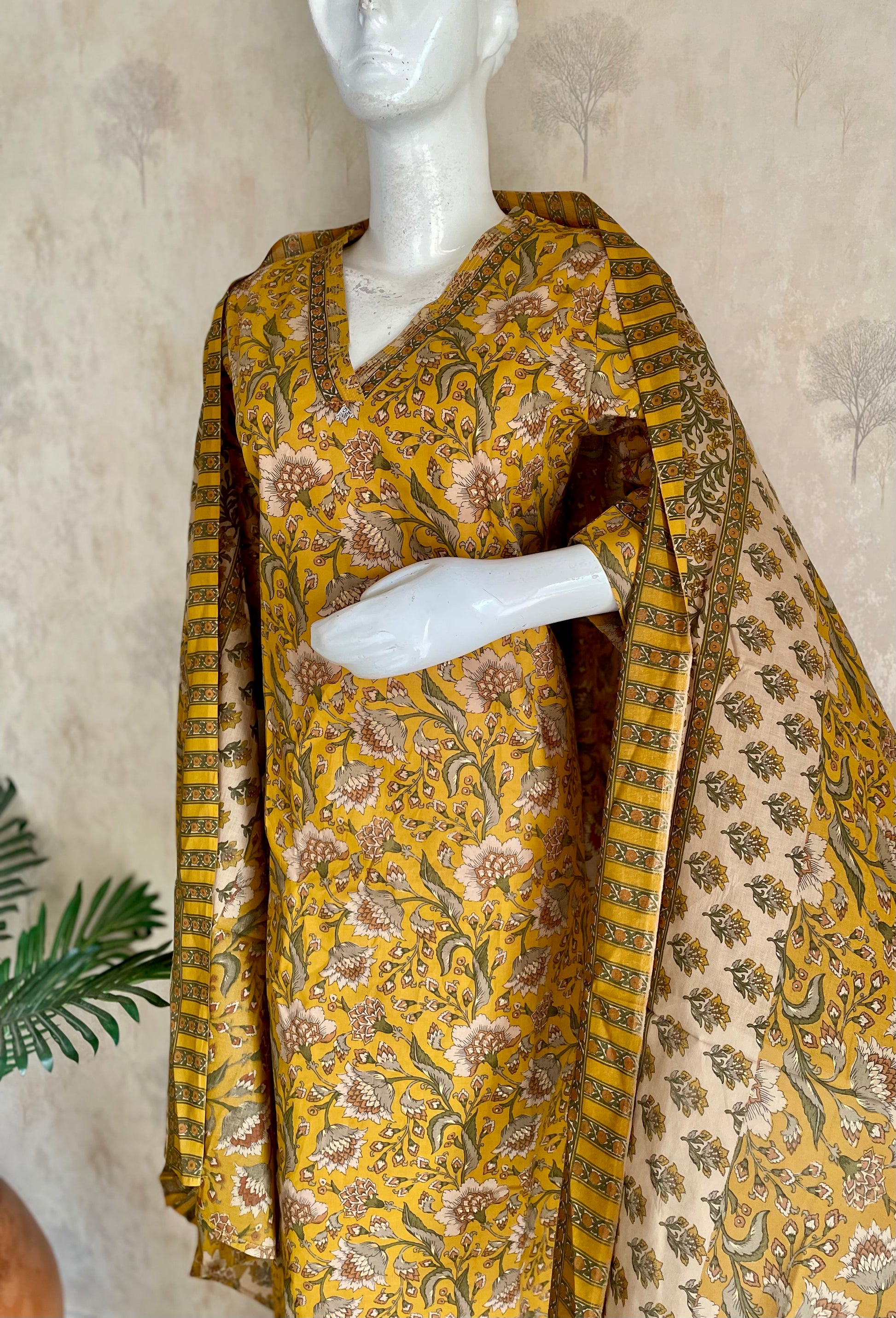 RaasRa Mustard in Full Bloom — Handblock Floral Cotton Kurta Set — view 4
