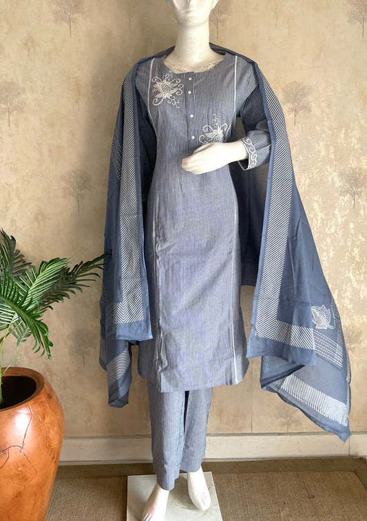 RaasRa blue handloom cotton striped kurta set with white embroidery and dupatta