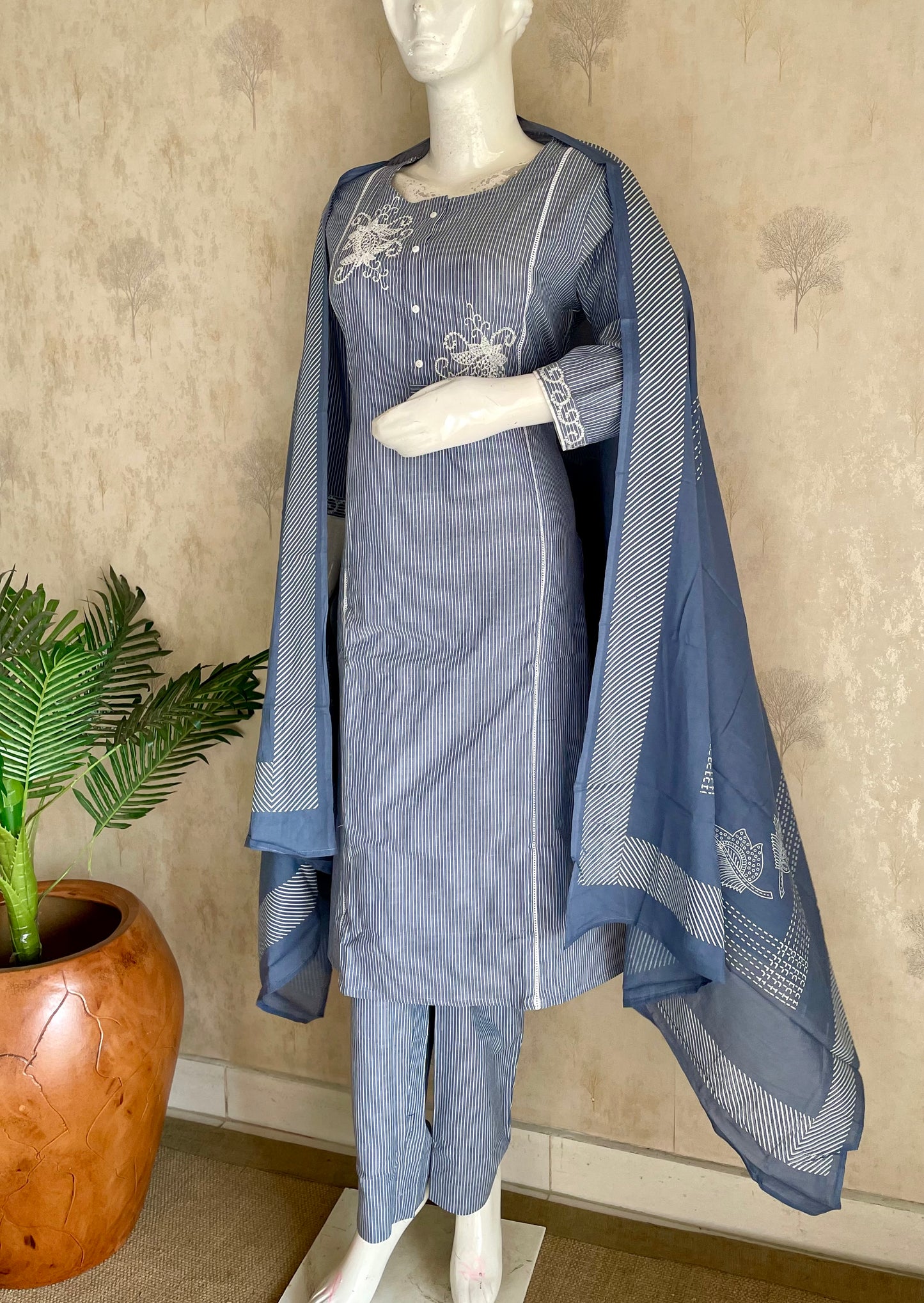 RaasRa Whispers in Blue — Handloom Cotton Stripe Kurta Set with Embroidery — view 2